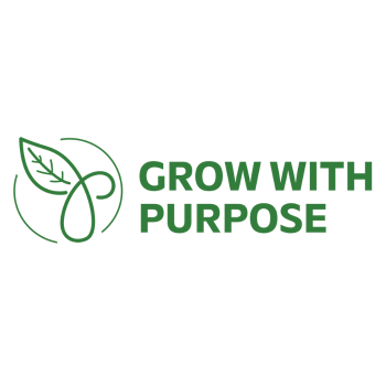 Green leaf illustration with the words “Grow With Purpose” in bold green text on a white background.